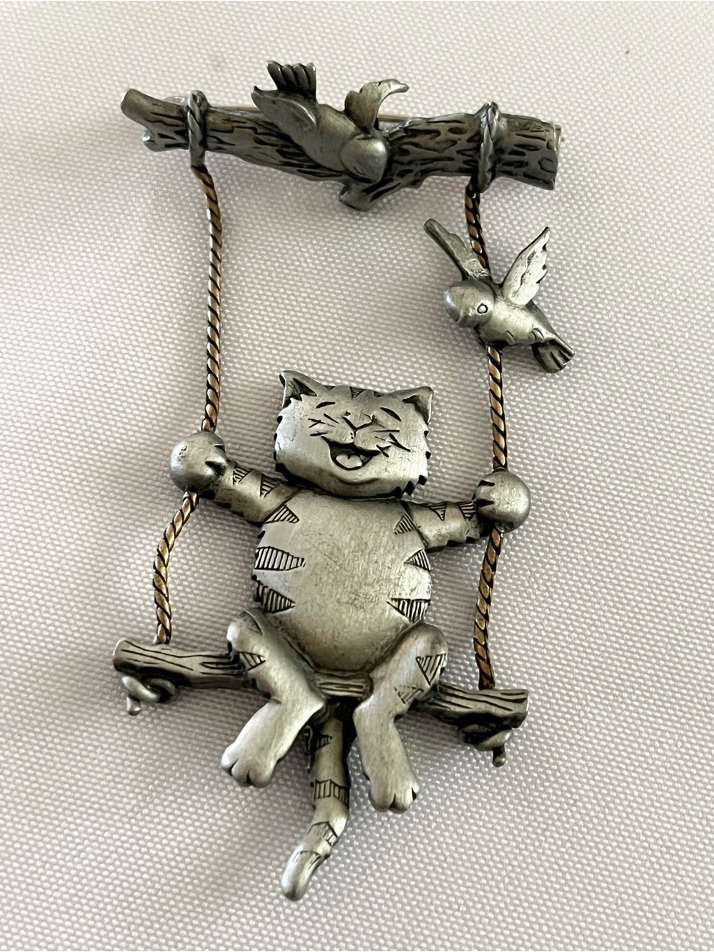 Vintage JJ Jonette Brooch Pin Cat on Swing Pewter Happy Cat Birds Branch D142